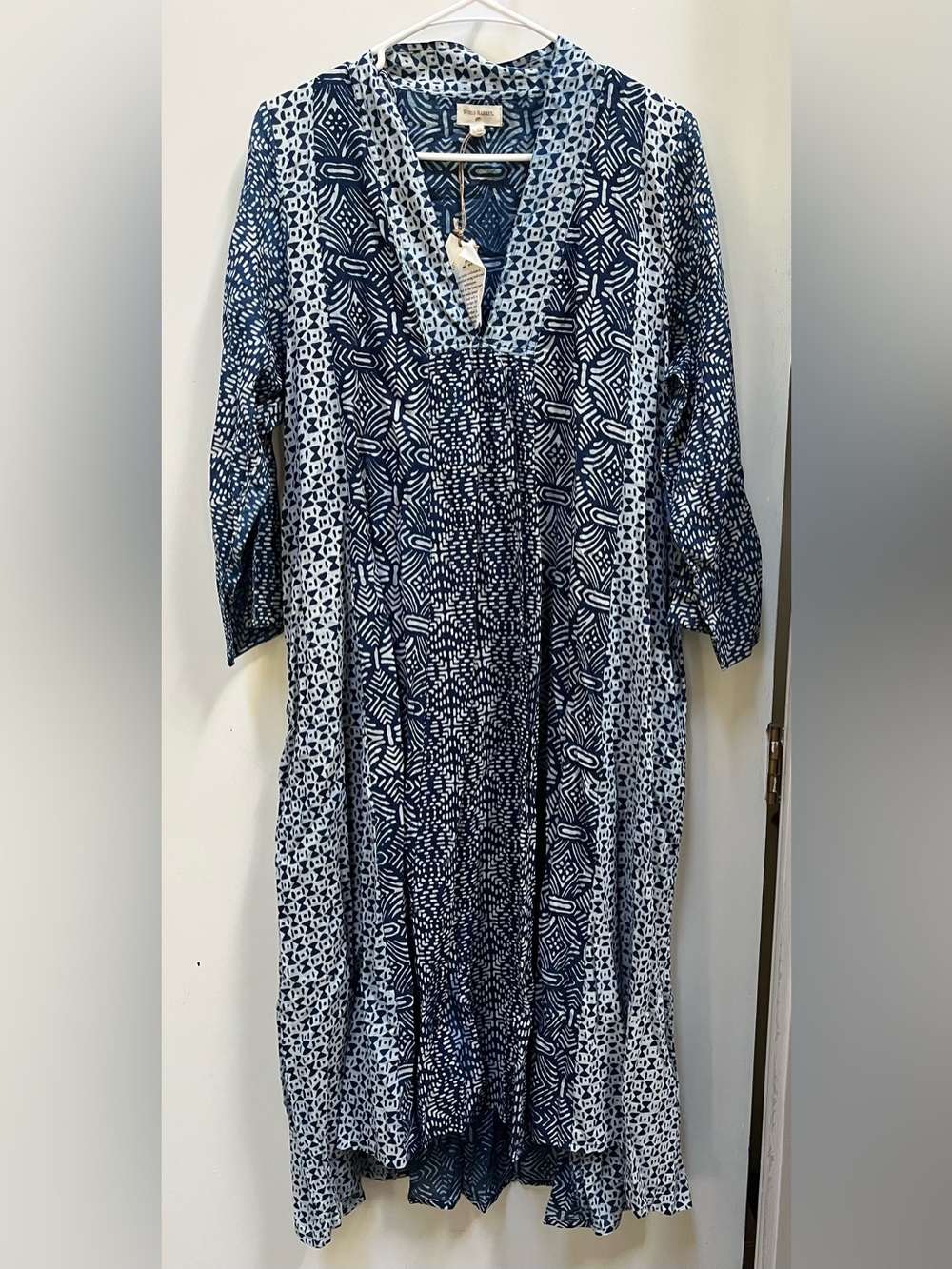 World Market Indigo Patterned Long Sleeve Dress
